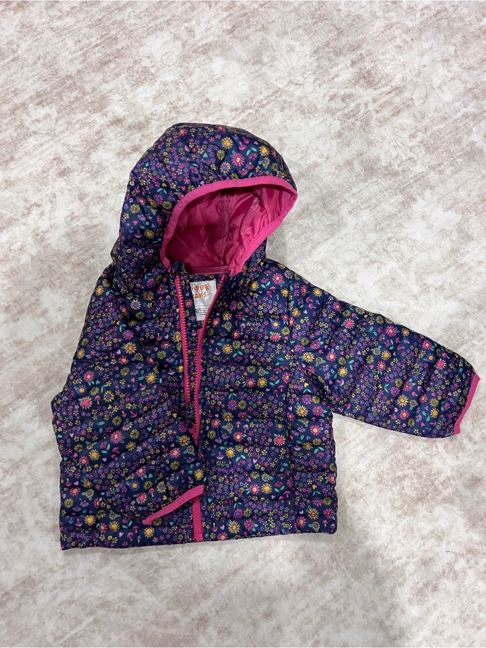 jumping beans Purple Floral Hooded Puffer with Pink Trim